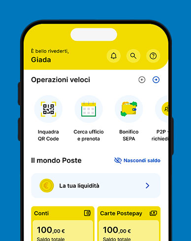 Home page di App Poste Italiane con saluti personalizzati